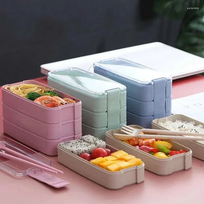 Dinware 1PSC 900 ml Gezond materiaal Lunchbox 3 Laag Tarwe Stro Bento Boxes Microwave Storage Container Lunchbox