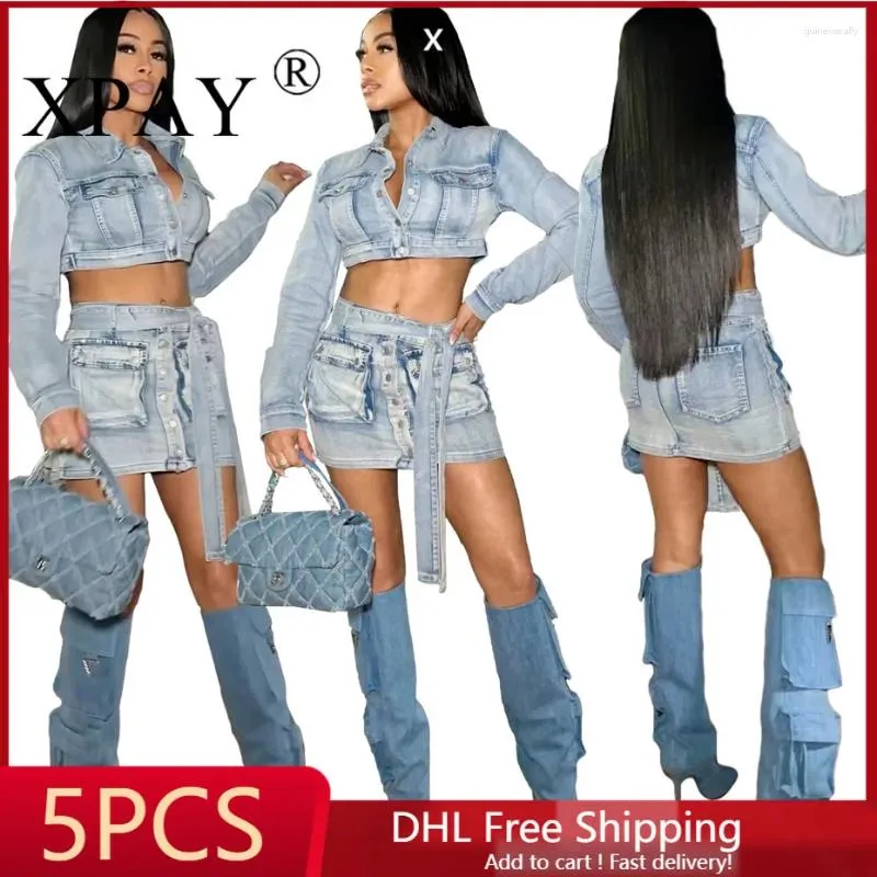 Werkjurken 5 stcs groothandel bulkartikelen sexy gewassen denim vat stereoscopische pocket jurk sets voor vrouwen zomer mode rok pak x 13267