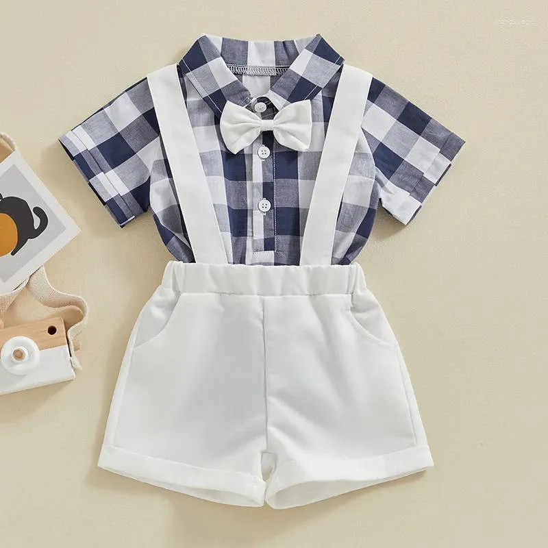 Kledingsets 0-24 m baby babyjongen zomer outfits korte mouw knop naar beneden 3d bowtie plaid tops verstelbare suspender shorts