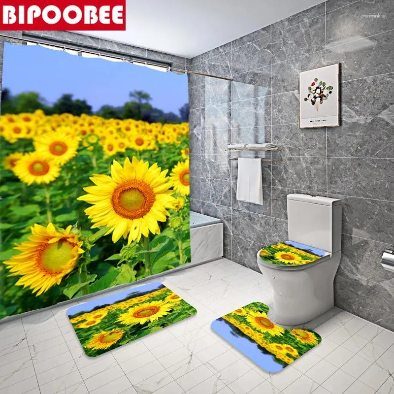 Shower Curtains Sunflower Bathroom Curtain Set Summer Nature Scenery Anti-slip Soft Bath Carpet Mat Toilet Cover Pedestal Rugs