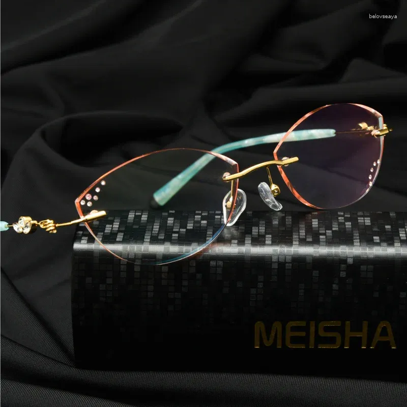 Solglasögon ramar koreanska ramlösa kvinnors diamantklippta gradient färg presbyopia anti-blue ljus osynlig skruv designer glasögon glasögon