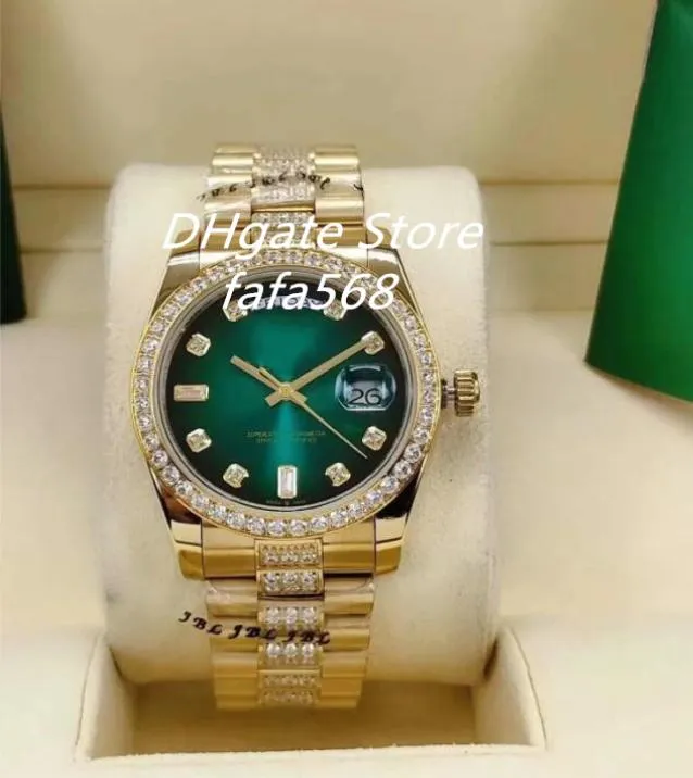 Teste os homens automáticos assistindo 128348 Stones de capa de ouro de 36 mm Bolecendo e diamantes no meio da pulseira Green Face Watches2796052