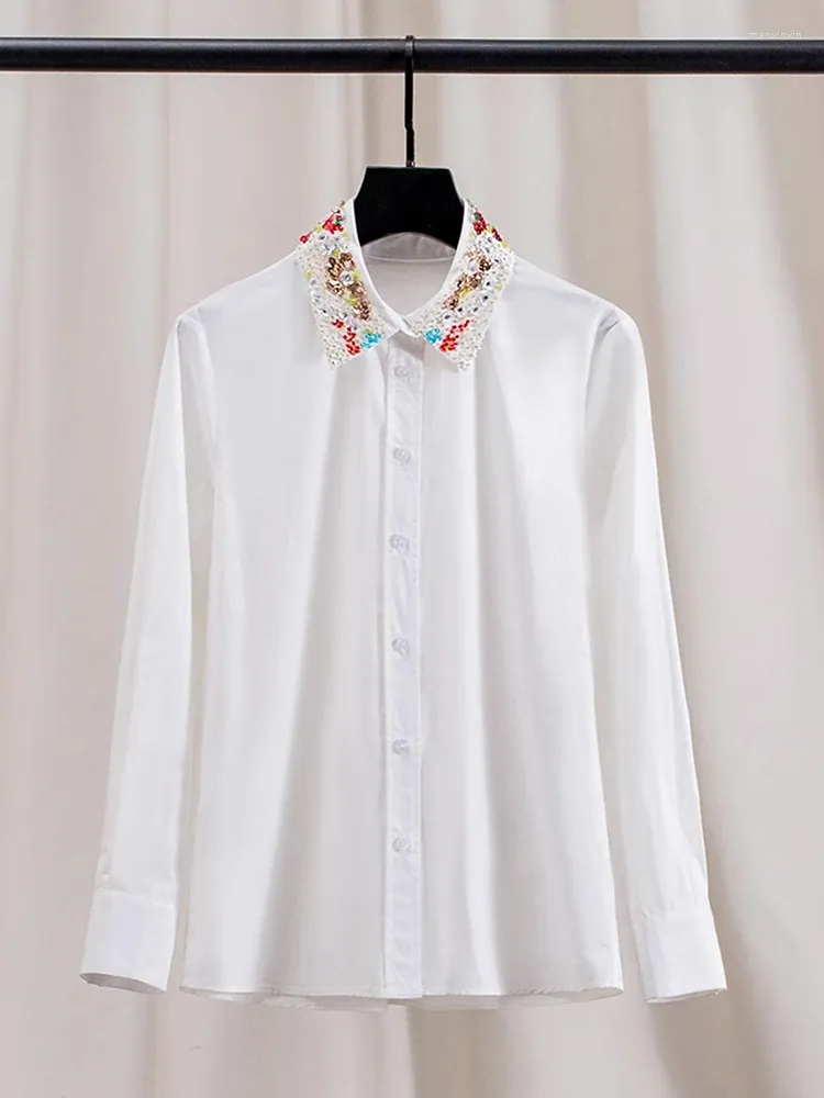 Women's Blouses VERDEJULIAY Women Cotton Blouse Spring Summer High Qaulity White Sequined Beading Turn-down Collar Elegant Party Shirt