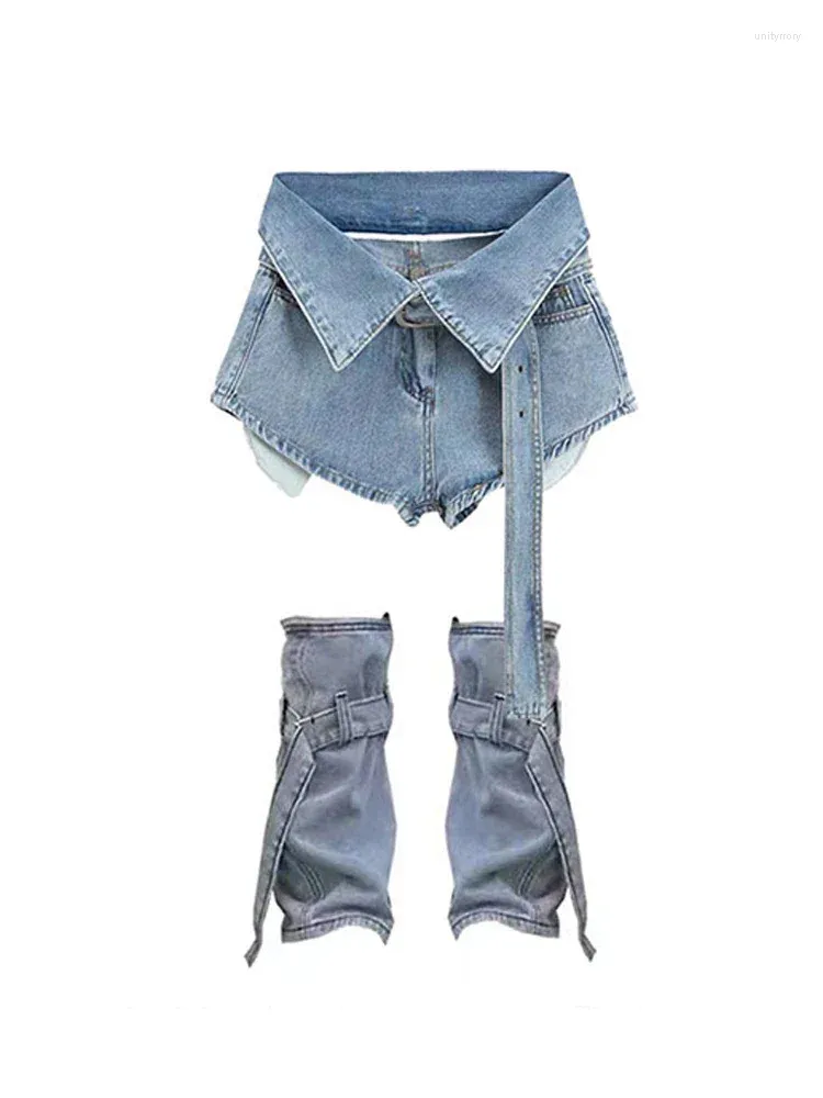 Kvinnors jeans y2k retro tvätt blå kvinnor denim shorts a-line hög midja med bälte oregelbunden roll up hem girls club streetwear 2000s