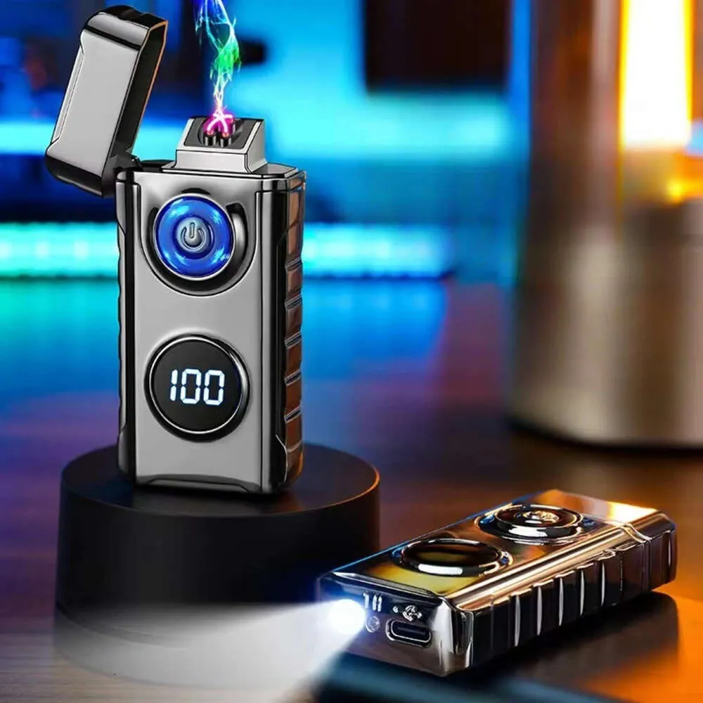 Metal Windproof Dual Arc Charging Lighter Outdoor Strong Light Digital Battery Display Type-c Quick Charging USB Lighters Gadget