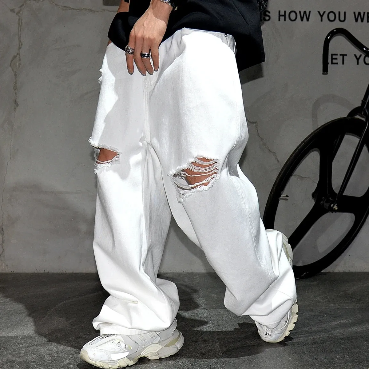Ripped Baggy Jeans For Men White Denim Pants, From Dou01