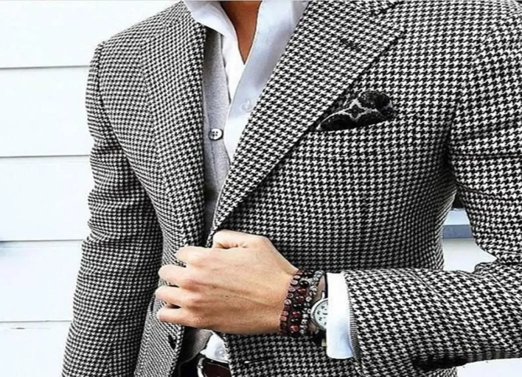 Houndstooth Custom Made Mens Checkered Suit Dress 2019 Tailored black Weave Hounds Tooth Check wedding men suits jacketBlack pant8130488