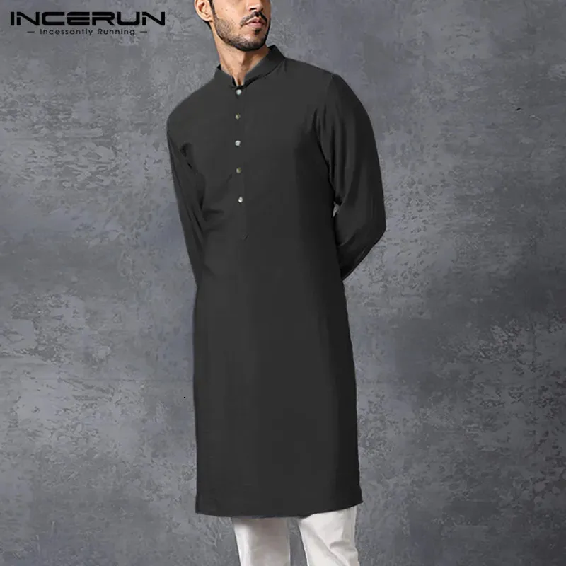 INCERUN Men Muslim Shirt Stand Collar Long Sleeve Islamic Arab Kaftan Solid Color Streetwear Casual Long Shirts Men Clothing 5XL 240329