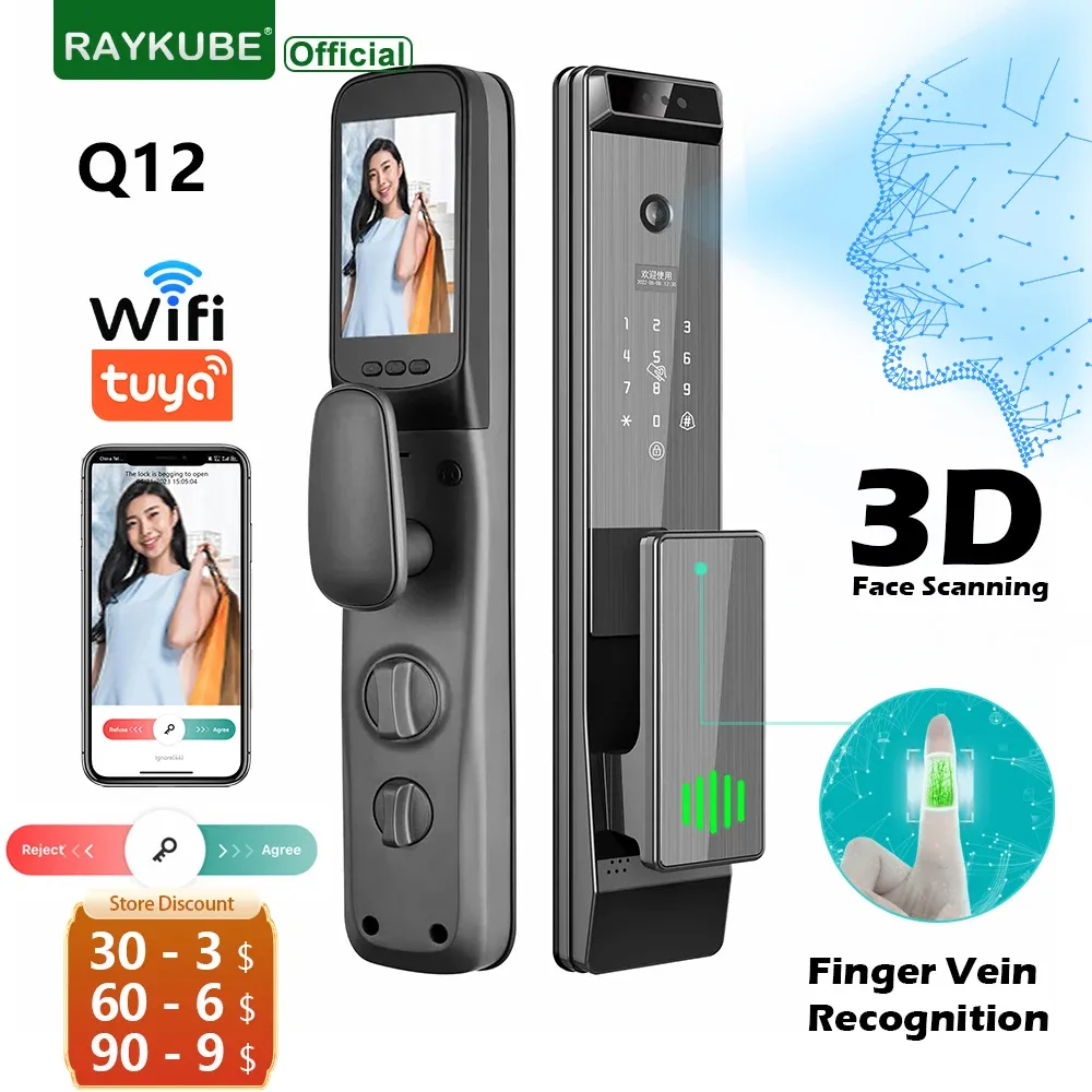 ロック2023 New Q12 Tuya Wifi Finger Vein Recoundition3D Face Smart Door Lock with Builtin Peephole HD Screen Camera 24H Photo Capture