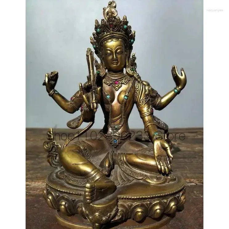 Figurines décoratives 8.4 "Old Tibet Bouddhism Copper 4 bras guanyin kwan-yin Bouddha Lotus Statue