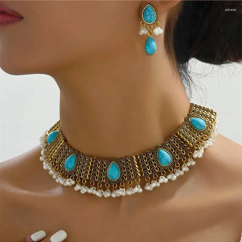 Ketting oorbellen set turquoise steen dik voor vrouwen vintage gesimuleerde parelcoratie sieraden