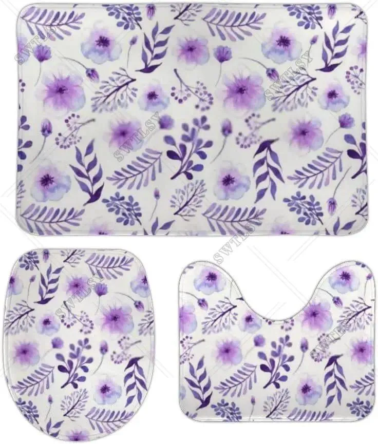 Bath Mats Rug Sets 3 Piece Watercolor Light Violet Flowers Washable Mat Non Slip Contour And Lid Cover For Bathroom