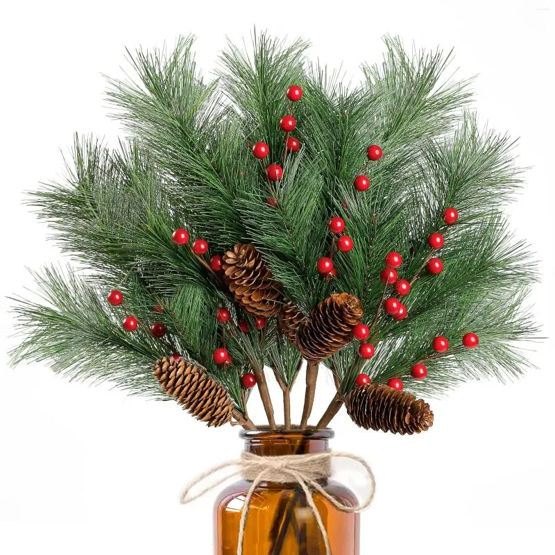 Decorative Flowers Christmas Berries Pine Picks Artificial Red Berry Long Faux Stem With Pinecones For Xmas Tree Wreath DIY Craft Floral