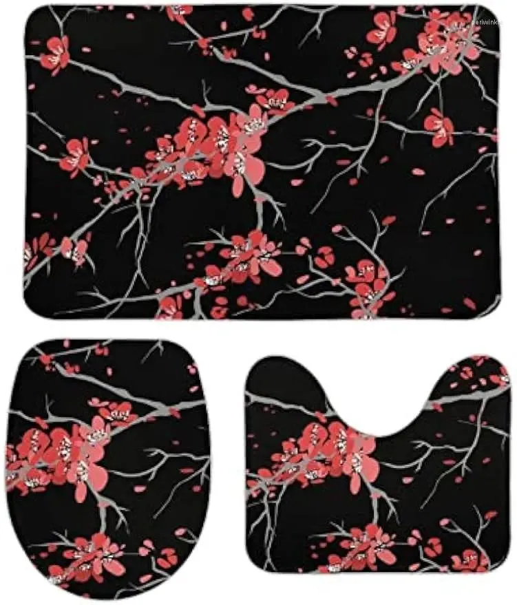 Badmatten Roze rode kersenbloesembloemen op zwart koraal fluweel zacht 3-delige niet-slip badkamer absorberend vloerkleed set u-vormig o