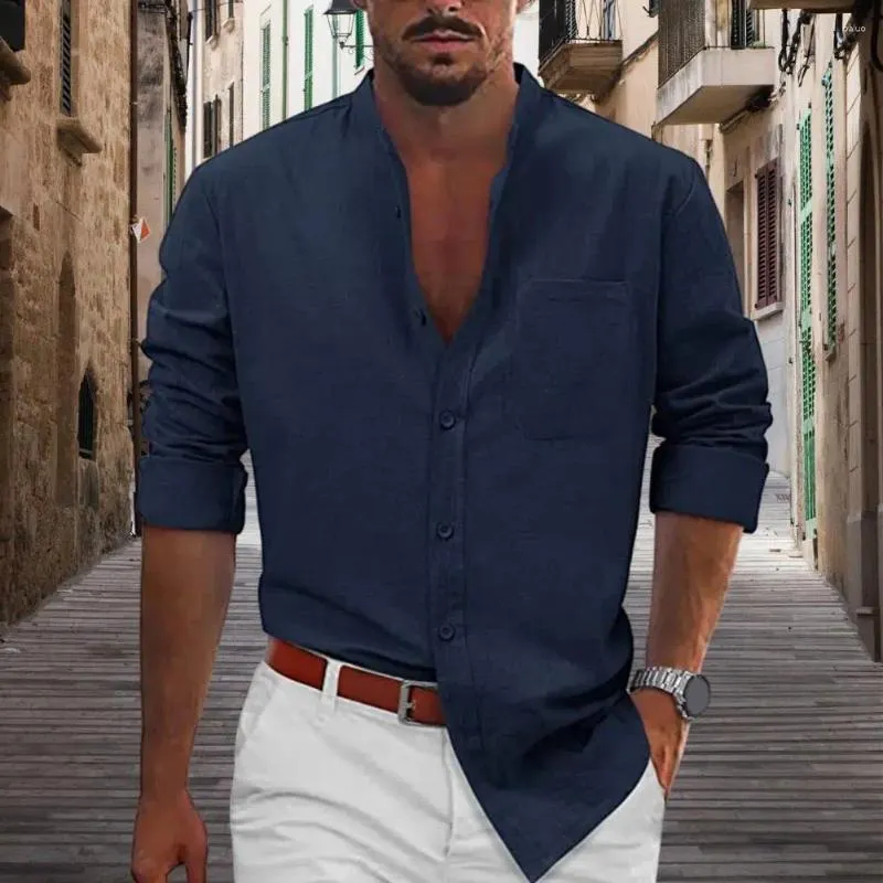 Herren lässige Hemden Männer Langarm -Hemd Feste Farbe mit Standkragen Leichte Streetwear für Übergröße
