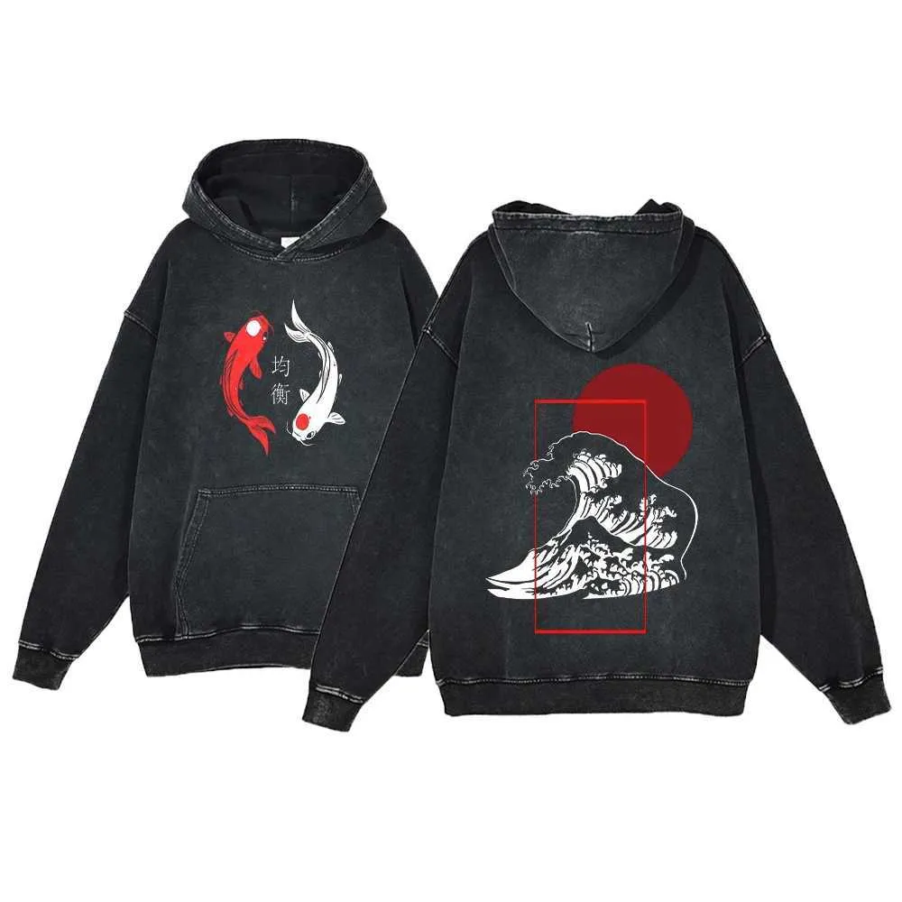 【★安心の定価販売★】 Mens Anime Y2K Vintage Vintage Fish Koi Ukiyoe Hoodie Wash Clothing