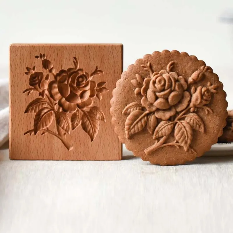 Christmas Wooden Cookie Mold Flower Pine Cone Shape Carved Press Stamp for Biscuit Christmas Decoration Kitchen Baking Tool