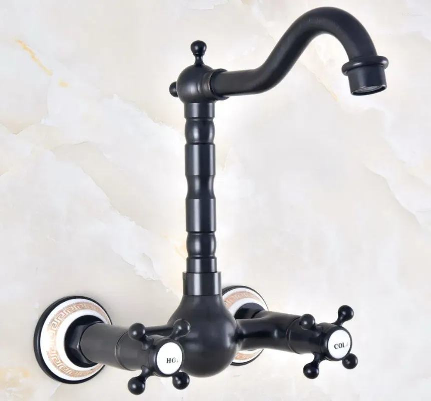 Bathroom Sink Faucets Black Oil Rubbed Antique Brass Kitchen Basin Faucet Mixer Tap Swivel Spout Wall Mounted Dual Cross Handles Mnf468