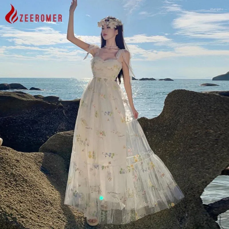 Casual Dresses 2024 Elegant Luxury Floral Embroidery Long Prom Evening Women Sexy Suspender Mesh Formal Party Wedding Princess Dress