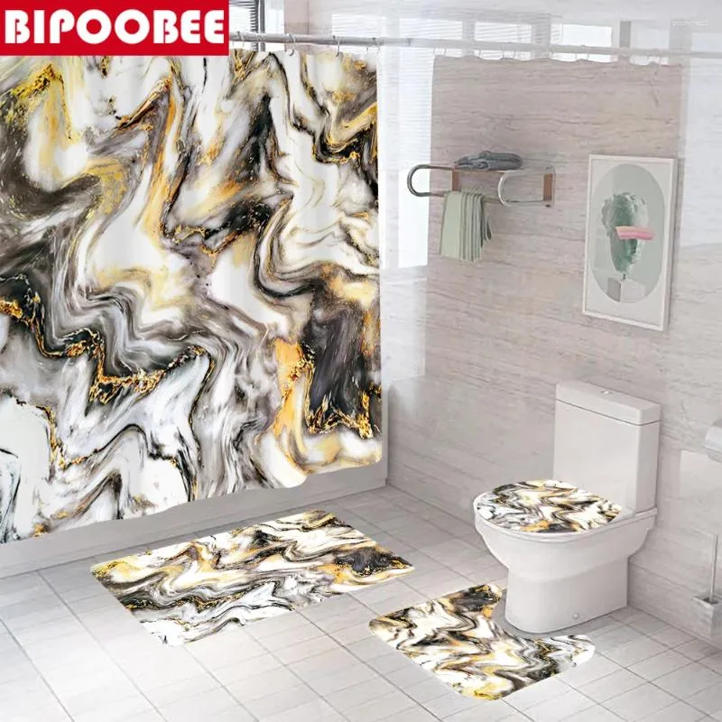 Duschgardiner marmortryck gardin 3d vattentätt tyg badrum stenmönster badmattor matta lock toalett täcker icke-halk mattor