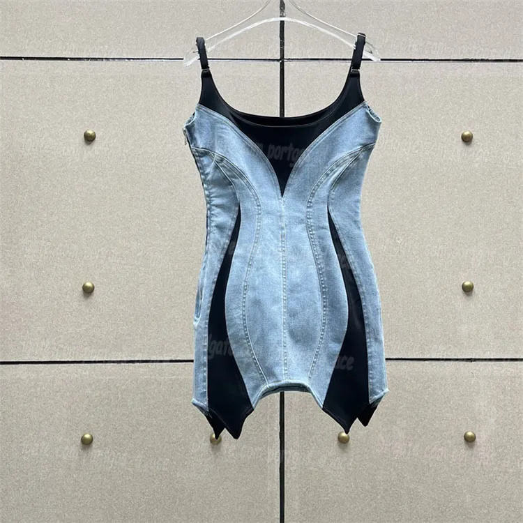 Contrast Color Women Dress Luxury Designer Slim Denim Dresses Summer Sexy Jeans Dress