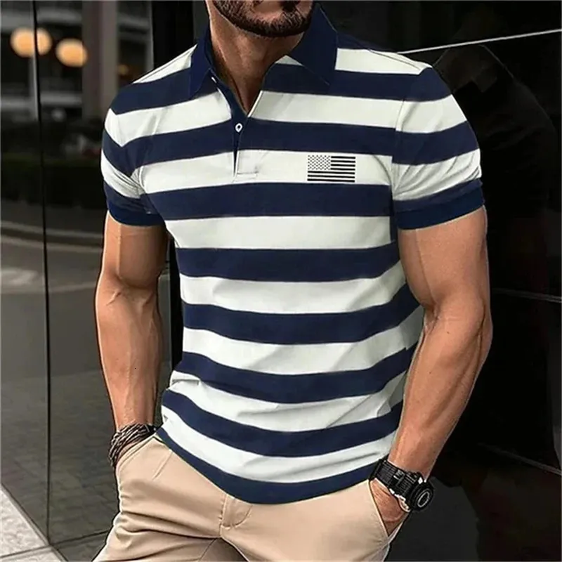 Mode Twotone Stripe Print Polo T-shirt pour hommes 3d Patché National Flag Modèle Bravate Casual Abase Top Top Summer Golf Wear 240403