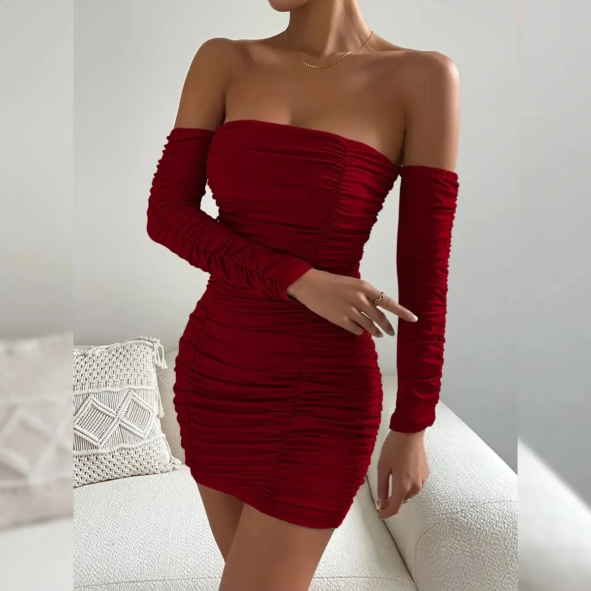 2024 Bar Party Style Women's Long Sleeve Off-Shoulder Mini Dress with Pleated wrap up and Chest Tight - Sexy and Elegant (Style 241105)