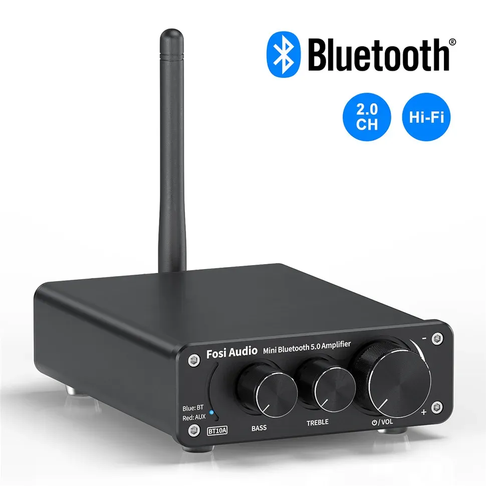 Versterker Fosi Audio Bluetooth 2 Channel Sound Power Stereo -versterker TPA3116D2 Mini HiFi Digitale versterker voor luidsprekers 50W BT10A Treble Bass