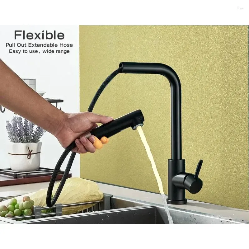 Robinets de cuisine 2 modes Stream pulvérisateur Buseur en acier inoxydable Black Titr Out Robinet Flexible Cold Wate Batker Tap Deck