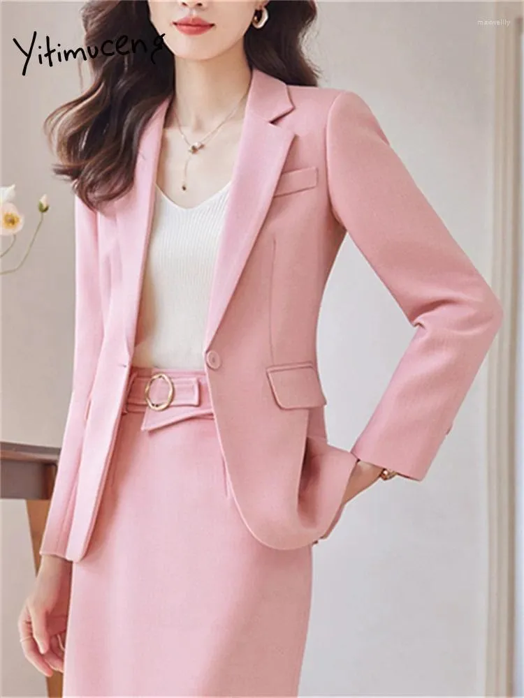 Tweede stuk jurk Yitimuceng kantoor dames sets dames 2024 enkele knop afslaan kraag blazers slanke hoge taille rokpakken