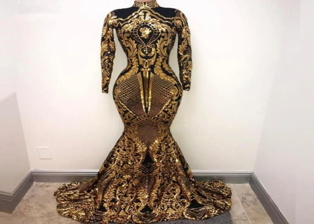 Gold and Black Sequined Long Sleeve Evening Dresses 2018 Floor Length Long Party Dresses for Women Prom Gowns6758824