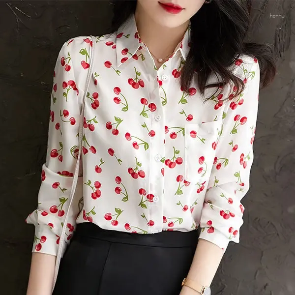 Kvinnor BLOUSES 2024 Kvinnor Spring Autumn Fashion Casual Print Shirts Female Button Up Chiffon Tops Ling Long Sleeve Loose Blouse E670