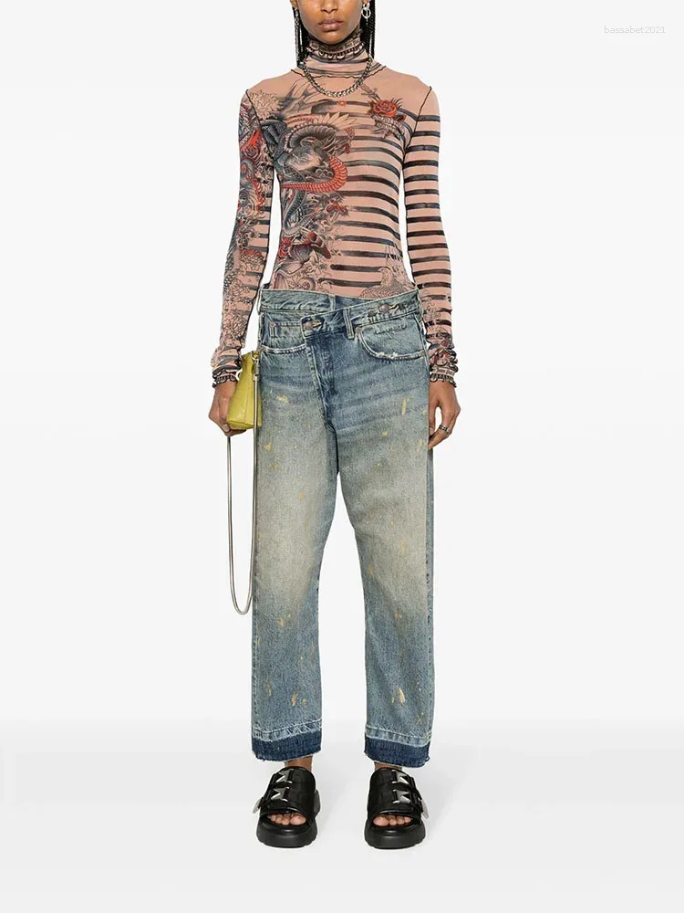 Women's Jeans Y2k Spring/summer Distressed Gold Paint Splattered Ink Crossover Cotton Jeans2024 High Waisted Straight Woman Trousers