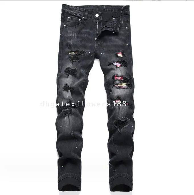 Jeans masculins miri new jeans de crayon de patch noir usé à la main à la mode usée élastique