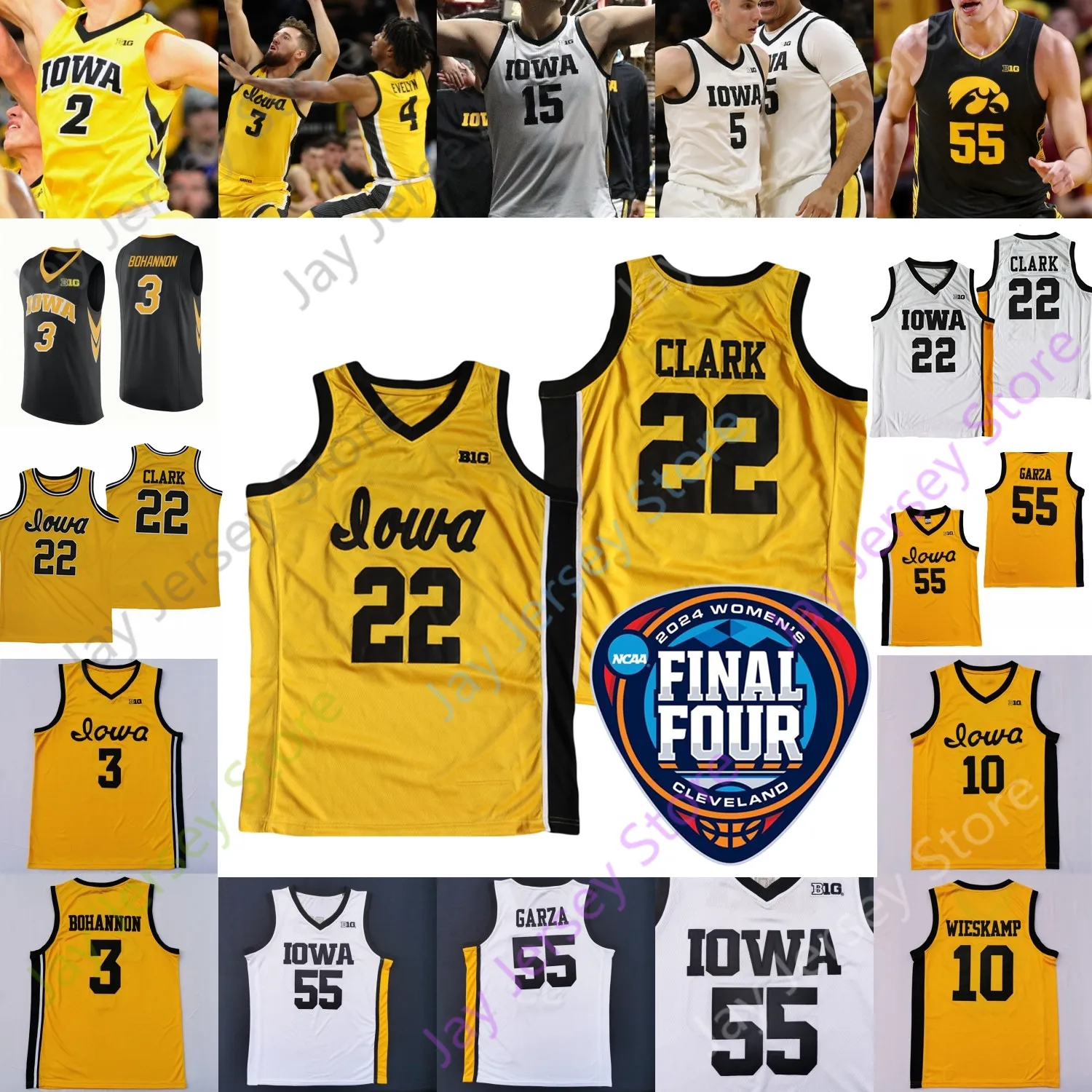 2024 여자 결승 4 4 아이오와 호크 키즈 농구 저지 NCAA 대학 Caitlin Clark Luka Garza 10 Joe Wieskamp 5 CJ Fredrick 3 Bohannon 30 Connor McCaffery 4 Ahron Ulis