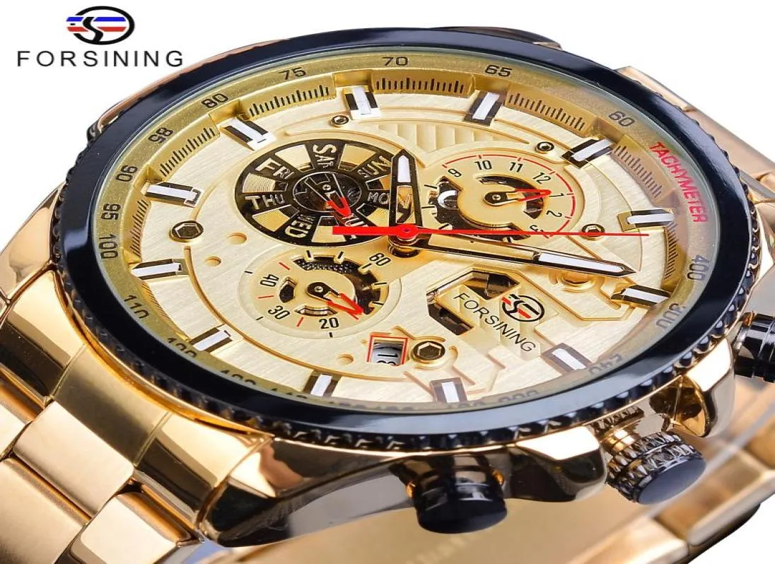 Forsining Golden Automatic Mechanical Mens Watch Racing Sports Design 3 Dials Multifunction Date Stainless Steel Band Wristwatch4741830