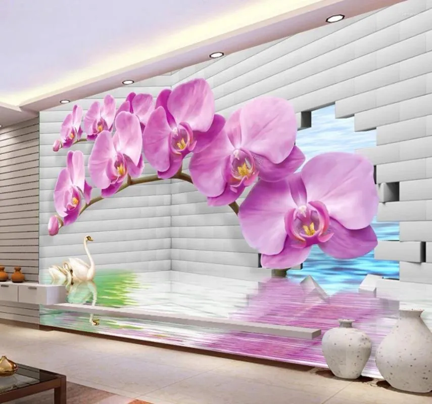 Bakgrundsbilder 3D Stereo Orchid Space Bakgrund Vägglila blommor Väggmålning PO Bakgrund