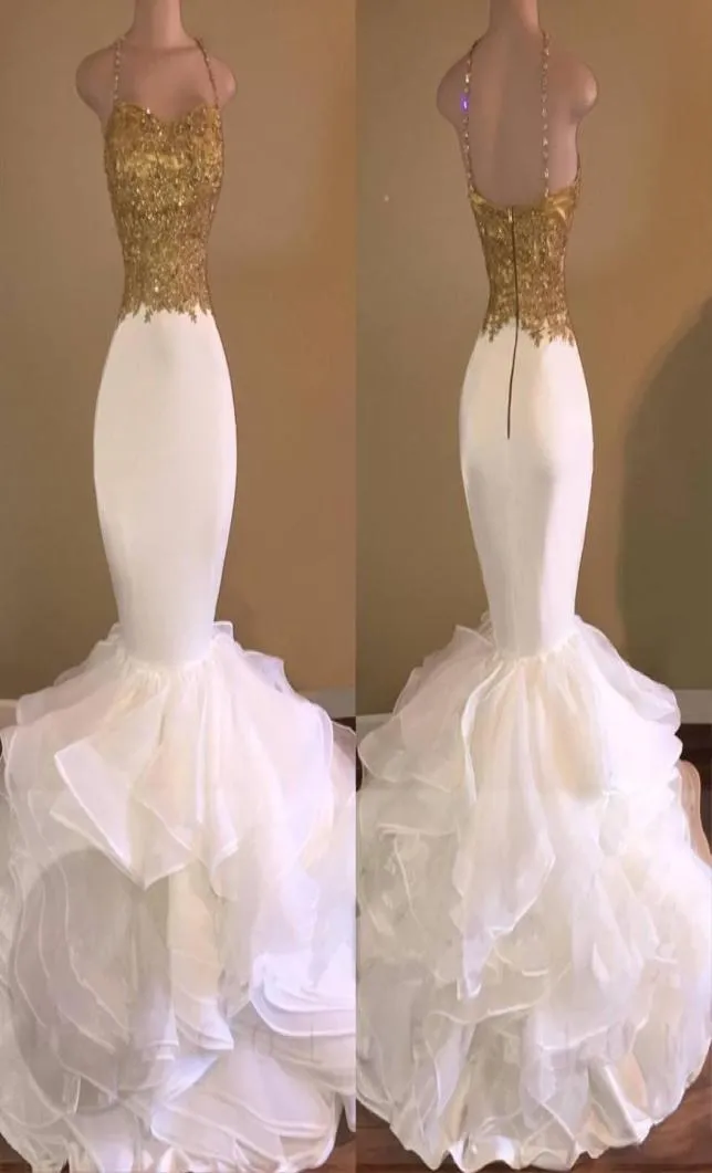 Sexy Gold Mermaid Long Prom Party Dresses 2019 Spaghettistrap sin mangas sin espalda 2K17 Apliques Ruffles de cristal con cuentas de encaje Eveni6288533