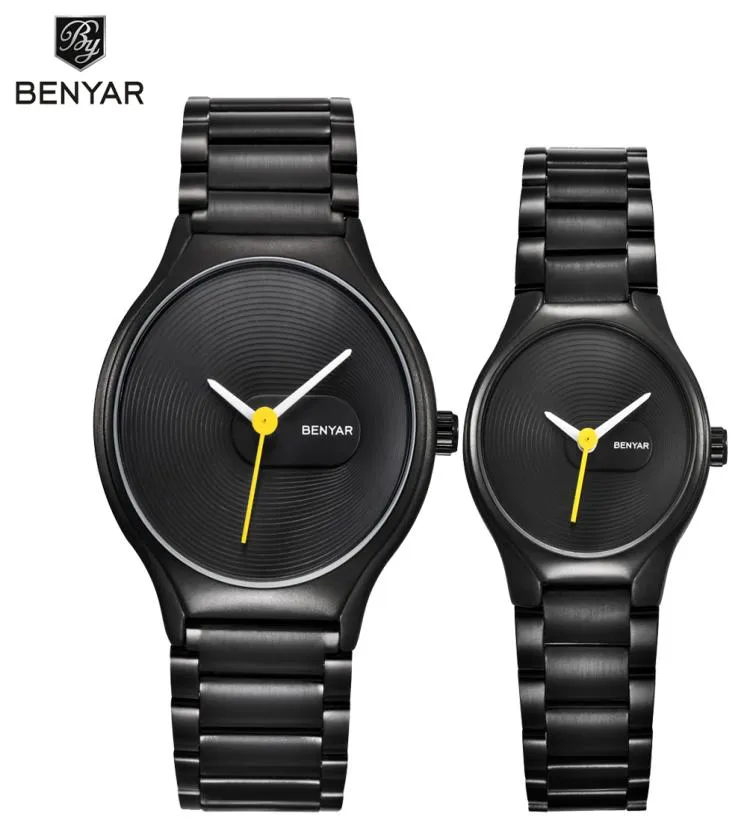 Benyar paar horloge set waterdichte full staal mode casual mannen horloges topmerk luxe zakelijke mannelijke kwarts horloge klok1497496