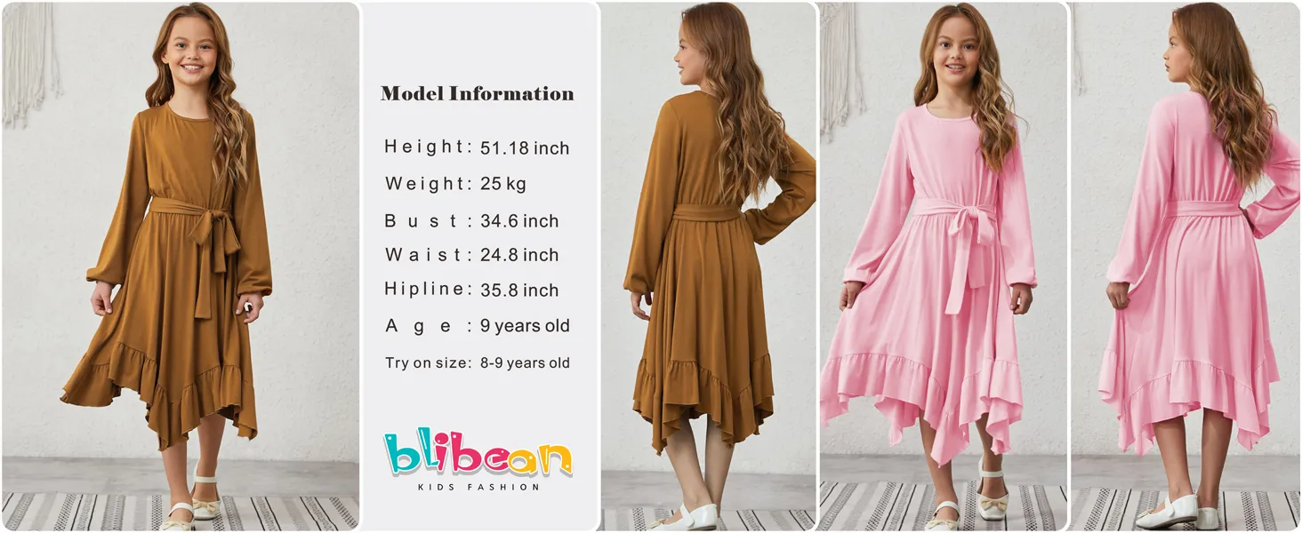 tween girl fall long sleeve maxi boho bohemian round neck solid color dress kid swing size clothes