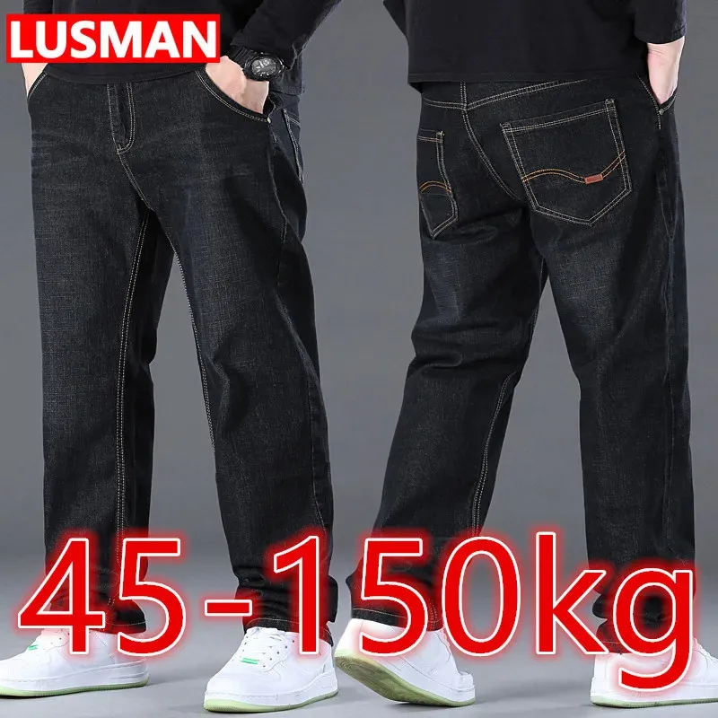 Mens Black Jeans Pants Big Size 48 50 Large for 45150kg Hombre Wide Leg Pantalon Homme Baggy 240323