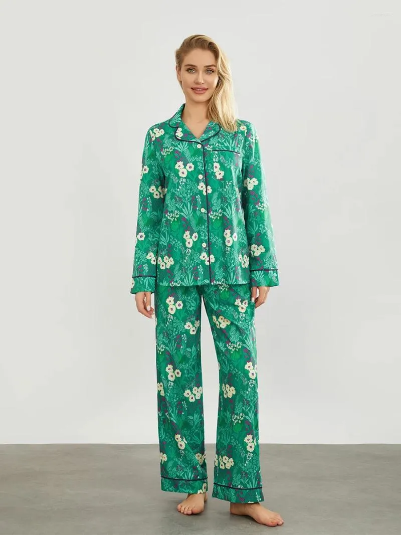 Ev Giyim Kadınlar Sonbahar Pijama Setleri Salon Giyim Çiçek Baskı Uzun Kollu Yakel Düğmesi Gömlek Elastik Bel Pantolon 2 Parçası Gevşek Plaibe Garinti
