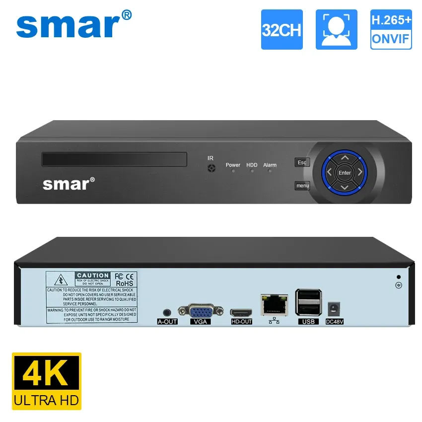 مسجل SMAR 32CH 4K 8MP مسجل فيديو أمان H.265 CCTV NVR تسجيل الصوت دعم الوجه ONVIF لكاميرا IP 5MP 5MP XMEYE