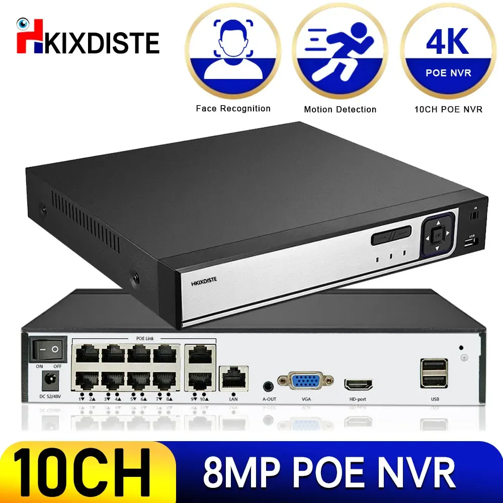 Gravador 10CH 8MP/5MP/4MP/1080P FACE POE NVR CCTV Sistema de vigilância de segurança de vídeo para POE IP Camera Video Video Recorder Audio Entrada 8CH 4K
