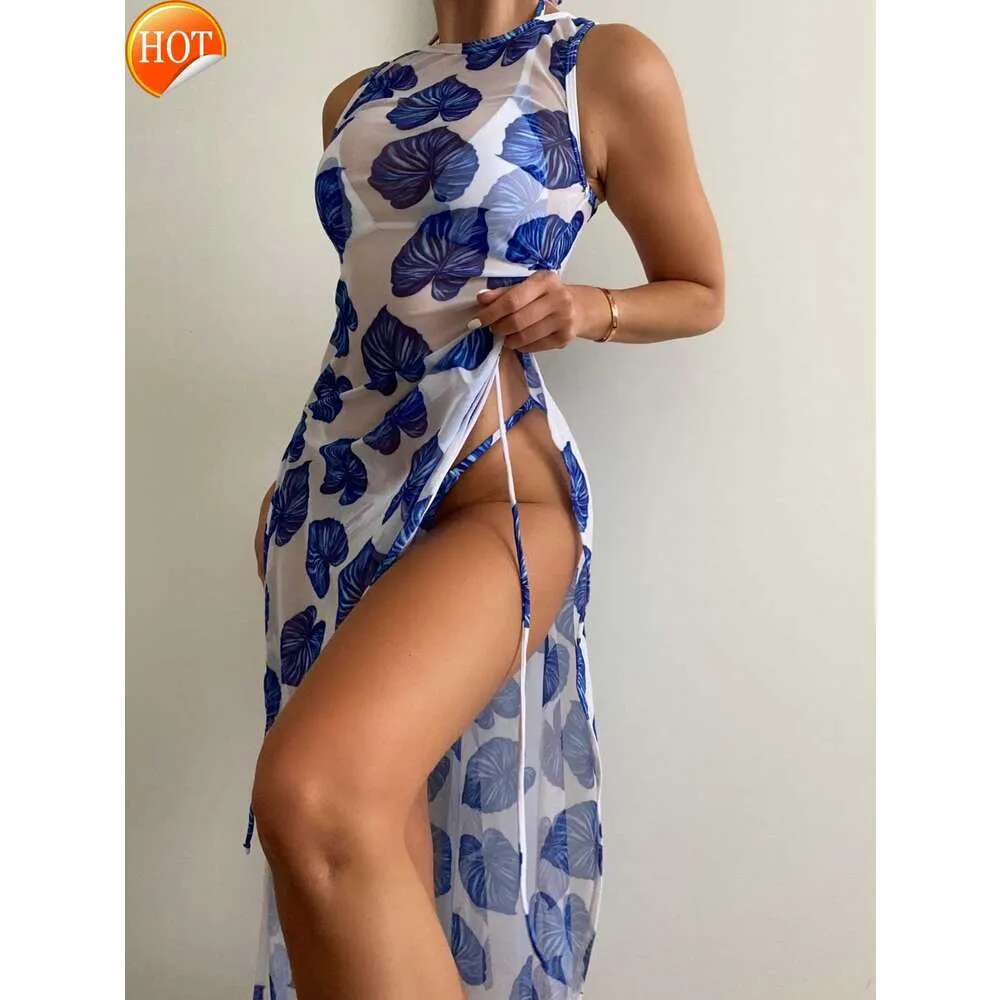 2024 New Fashion Designer Wholesale Womens Swimwear Sexy Womens 3 Pieces Leaf Print Thong Bikini Women With Cover Up Female Trikini Swimsuit Bathers Bathing Swimmin