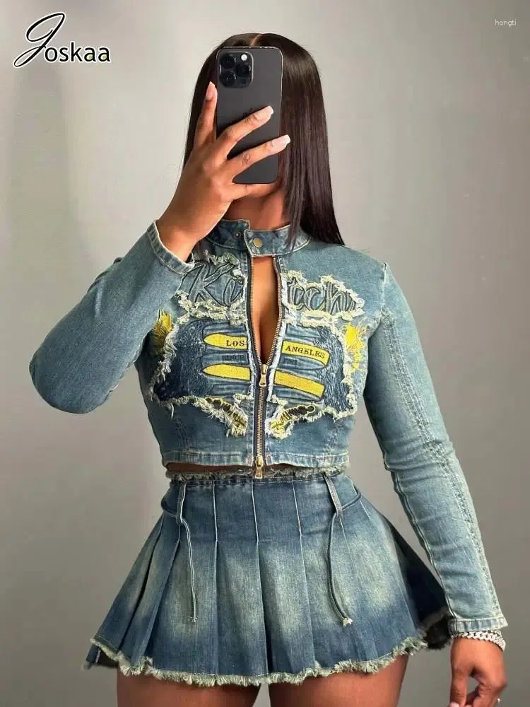 Joskaa Womens Stretch Denim Set With Letter Embroidery Full Sleeve Zip Fall Jackets Women And Pleated Skirt Y2K Streetwear From Hongti 30.76 DHgate.Com