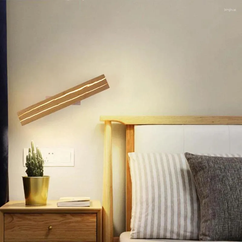 Vägglampa nordiskt kreativt fast trä ledt roterbara rektangulära knäckta sängen sovrum vardagsrum lam