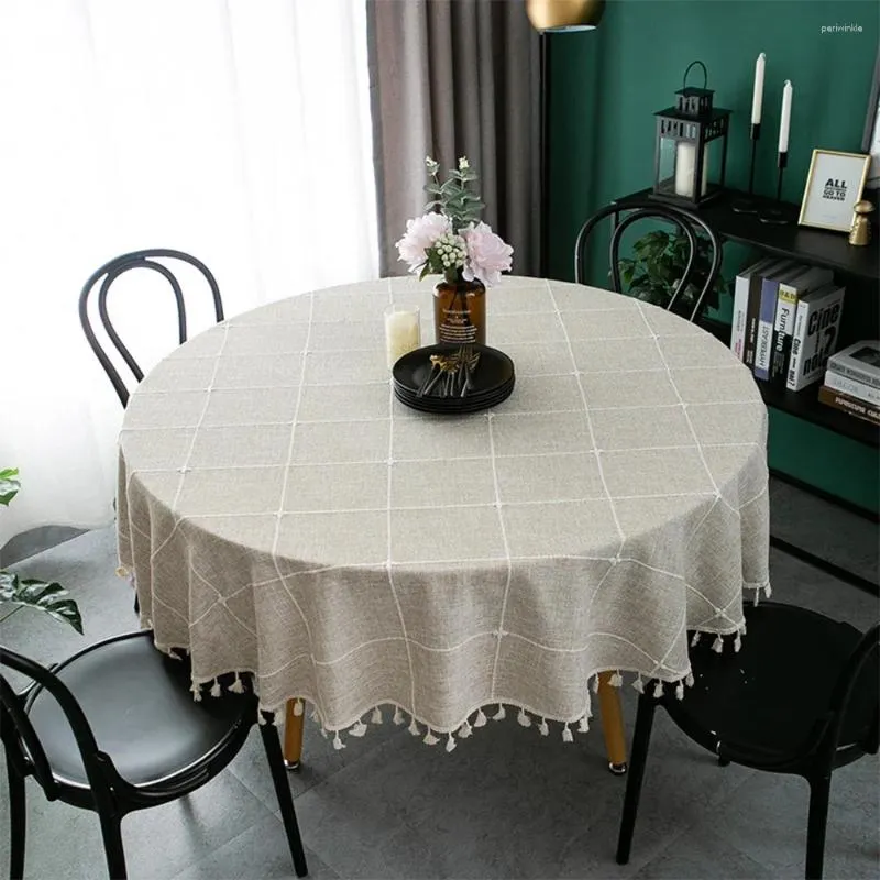 Bordduk Rund eleganta dukar Plaid Bomullslinne med Tassel Cover Wedding för moderna kaffematsändningar