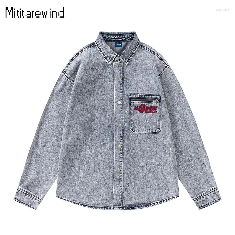 Mäns avslappnade skjortor koreanska mode män och kvinnor denim blusar arbetskläder långärmad jean toppar lapel knapp skjorta unisex lös