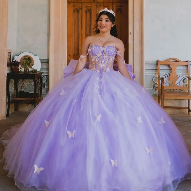 Lilac Sweet 16 Quinceanera Dress Off Shoulder Lace Bow kralen Tull Ball Jurk Princess Party Birthday Dress Vestidos 15 DE